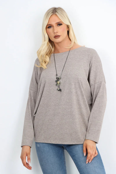 Italian Basic Soft Knit Long Sleeve Necklace Top