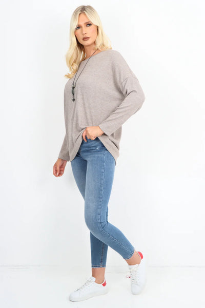 Italian Basic Soft Knit Long Sleeve Necklace Top