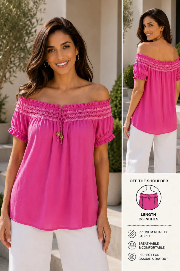 Woman wearing a pink off-the-shoulder top with product details on a white background