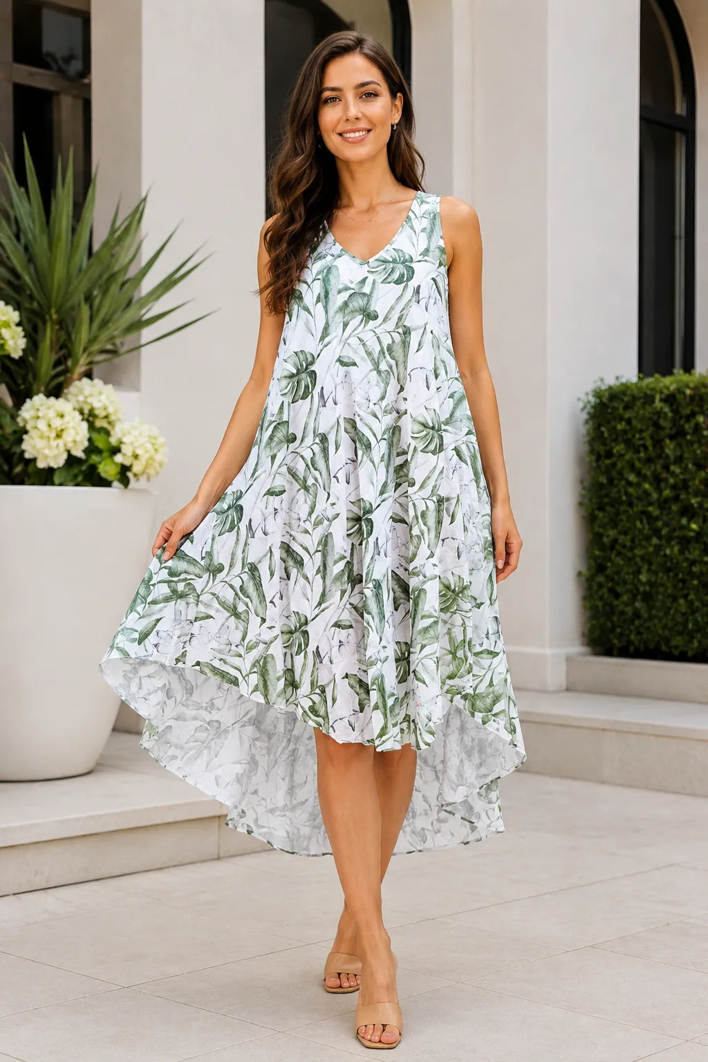 Leaf Print Cotton Midi Dress – One Size 8–18