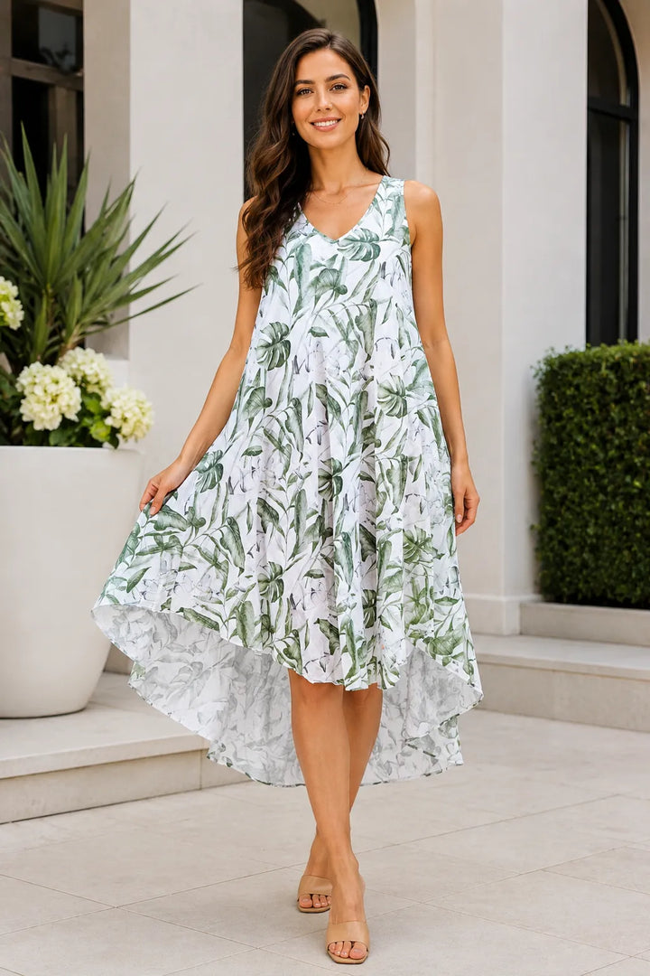 Leaf Print Cotton Midi Dress – One Size 8–18