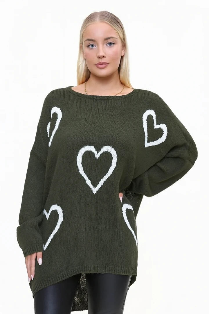 Ladies Oversized Heart Jumper Loose Fit Knit Winter Top Women Cardigan Sweater