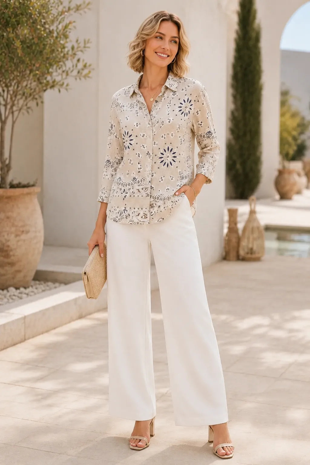 Woman in a stylish outfit with a white lace top and wide-leg pants standing in an outdoor setting.