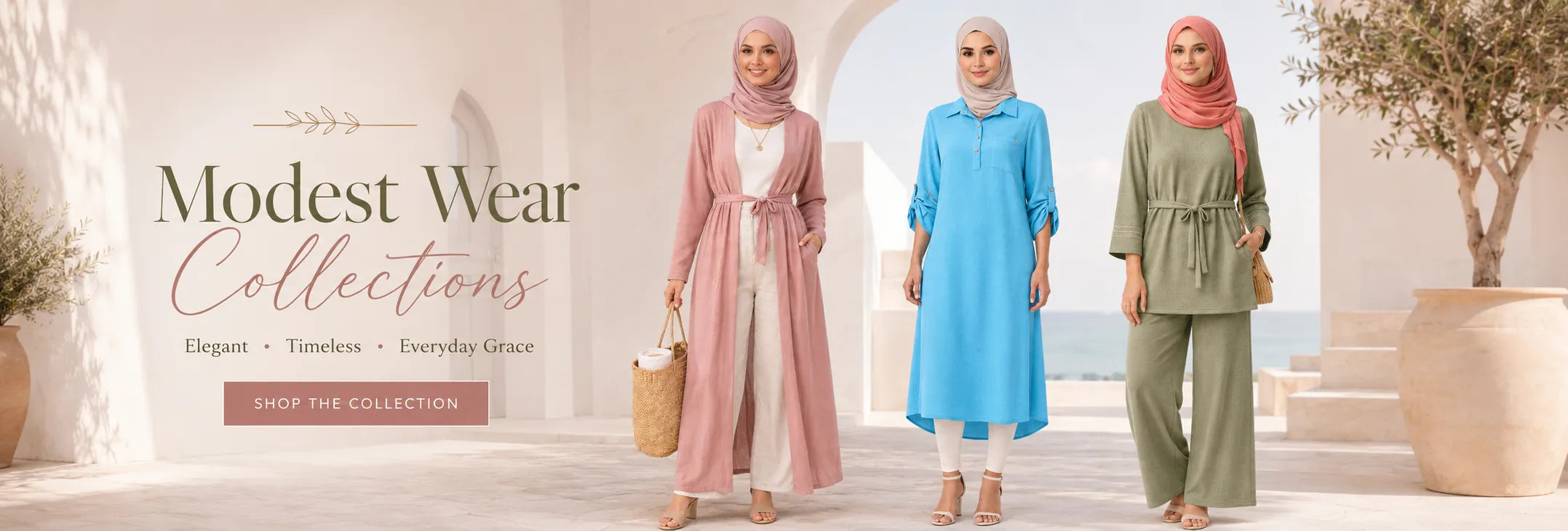 Three women wearing hijabs and modest clothing with a 'Modest Wear Collections' banner.