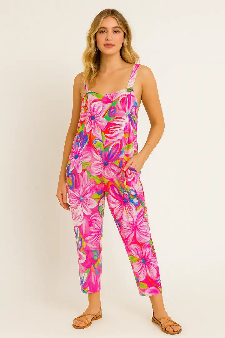 Italian Vibrant Neon Floral Print Relaxed Fit Jumpsuit
