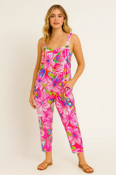 Italian Vibrant Neon Floral Print Relaxed Fit Jumpsuit