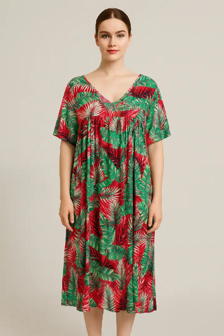 Italian Tropical Leaf V-Neck Maxi Dress