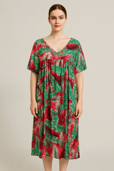 Italian Tropical Leaf V-Neck Maxi Dress