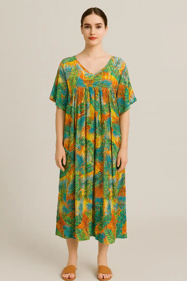Italian Tropical Leaf V-Neck Maxi Dress