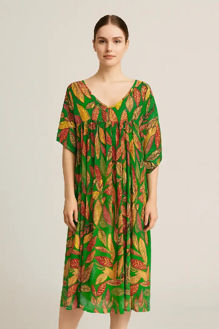 Italian Tropical Leaf V-Neck Maxi Dress