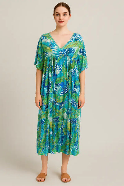 Italian Tropical Leaf V-Neck Maxi Dress