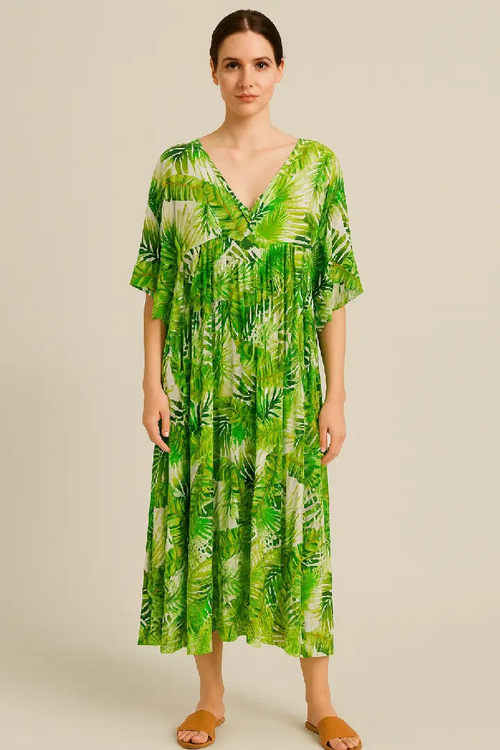 Italian Tropical Leaf V-Neck Maxi Dress