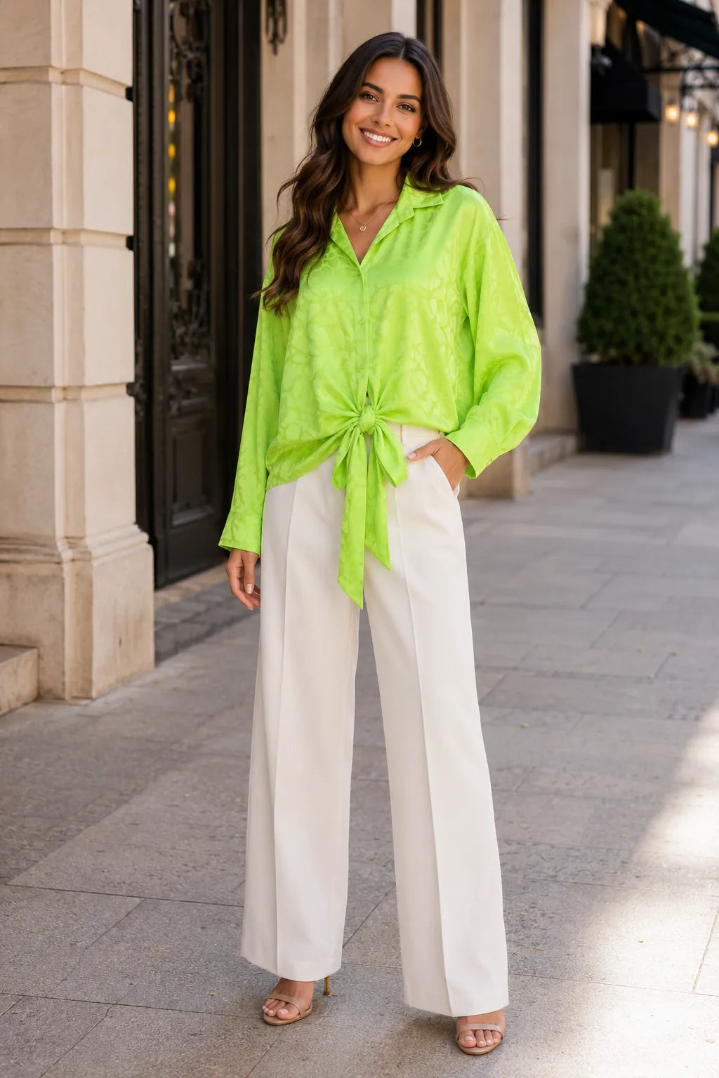 Woman wearing a bright green shirt and white pants standing on a sidewalk.