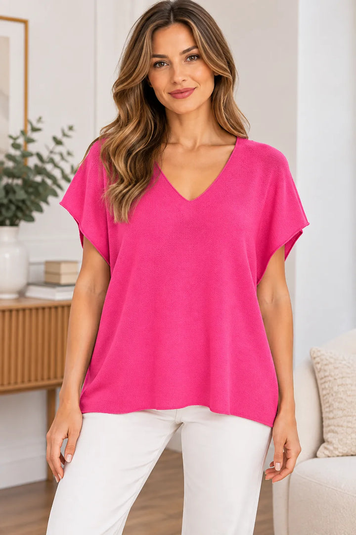 V Neck Soft Knit Cap Sleeve Top