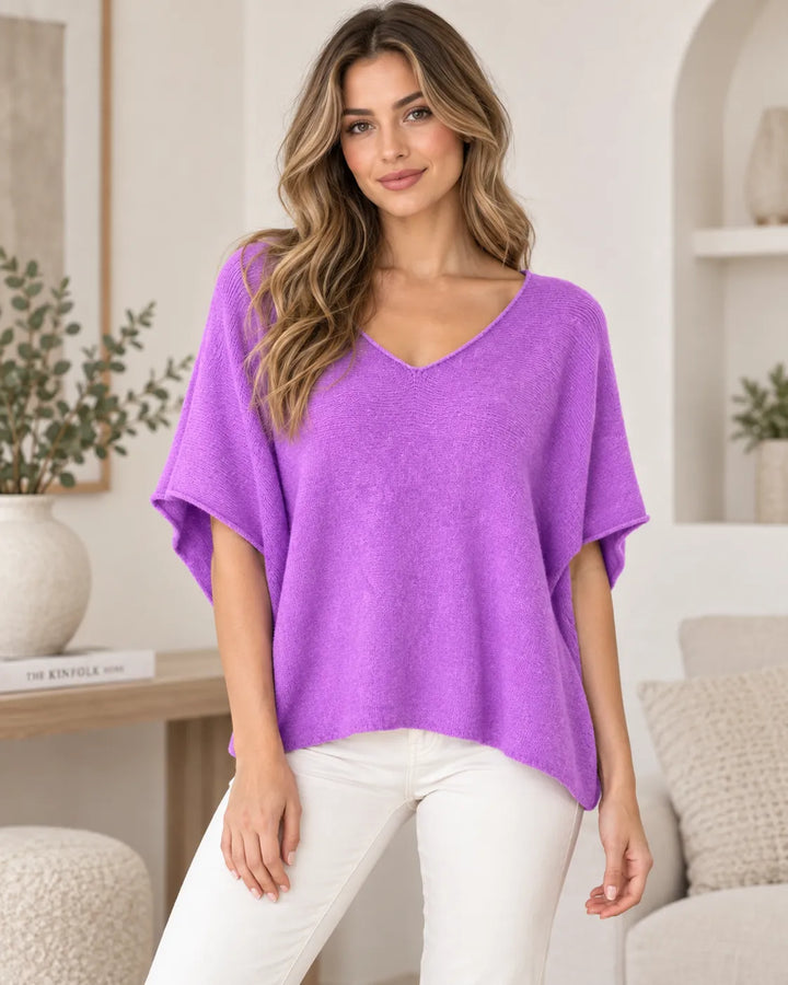 V Neck Soft Knit Cap Sleeve Top