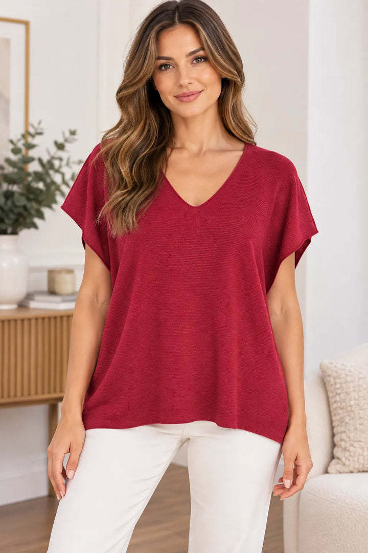 V Neck Soft Knit Cap Sleeve Top