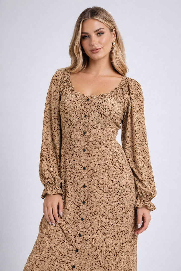Animal Spot Button Front Long Sleeve Midi Dress