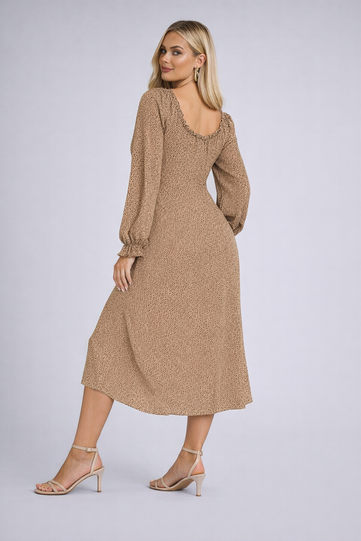 Animal Spot Button Front Long Sleeve Midi Dress