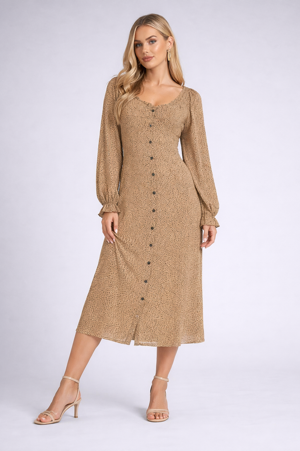 Animal Spot Button Front Long Sleeve Midi Dress