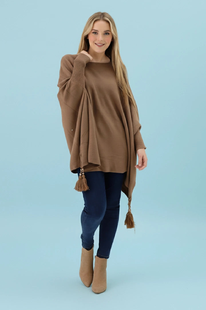 Oversized Round Neck Tassel Poncho