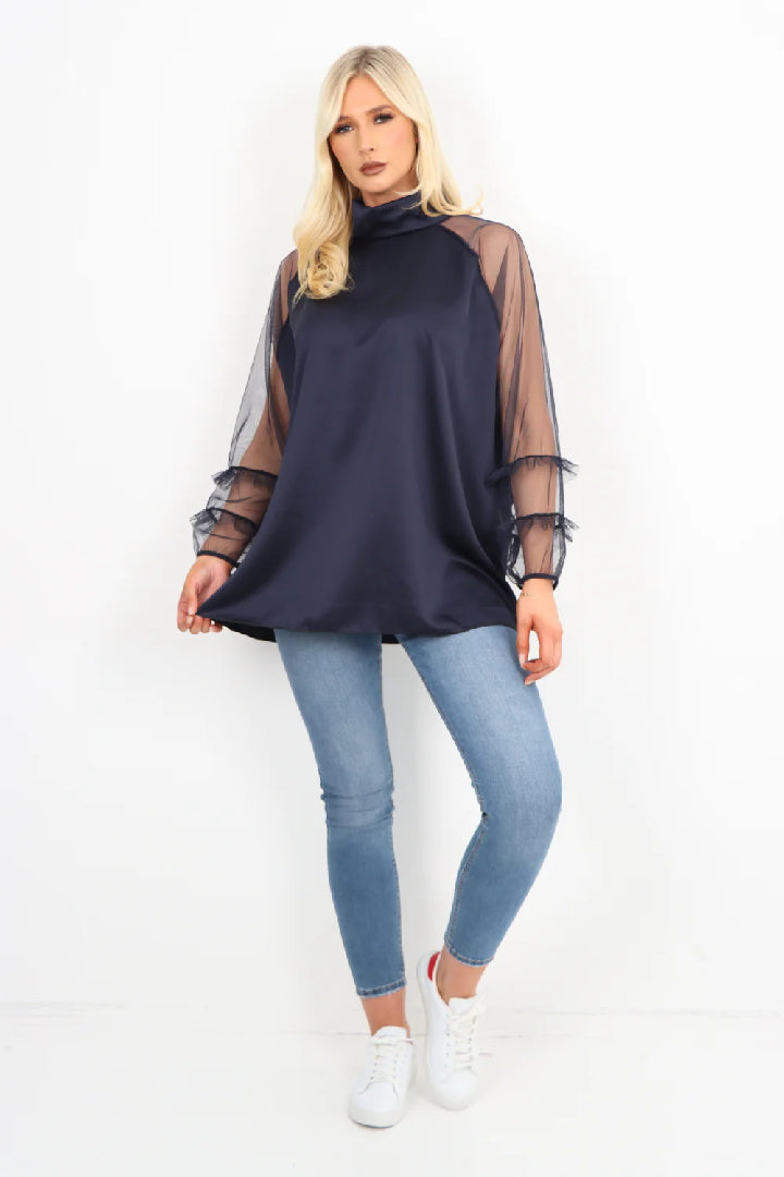 Italian Frill Mesh Net Sleeve High Neck Satin Top