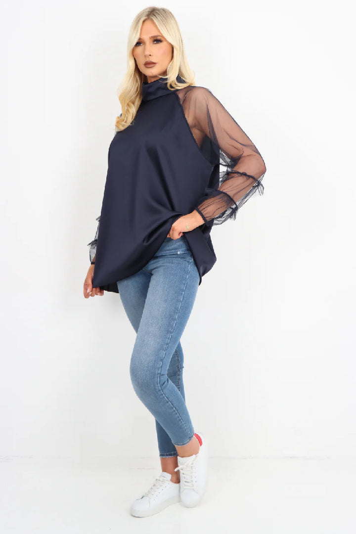 Italian Frill Mesh Net Sleeve High Neck Satin Top