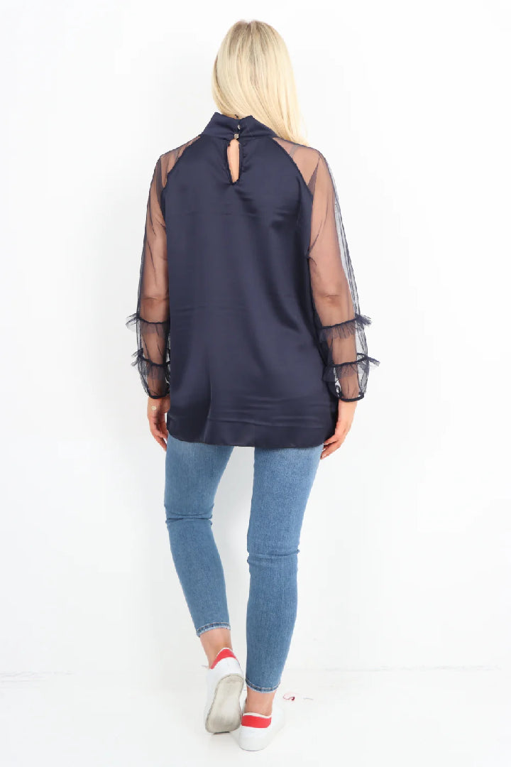 Italian Frill Mesh Net Sleeve High Neck Satin Top