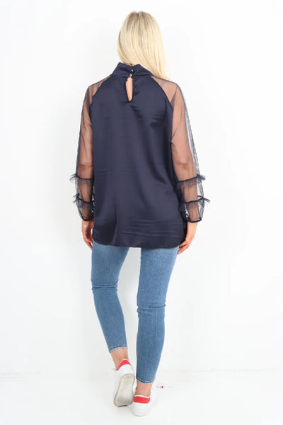 Italian Frill Mesh Net Sleeve High Neck Satin Top