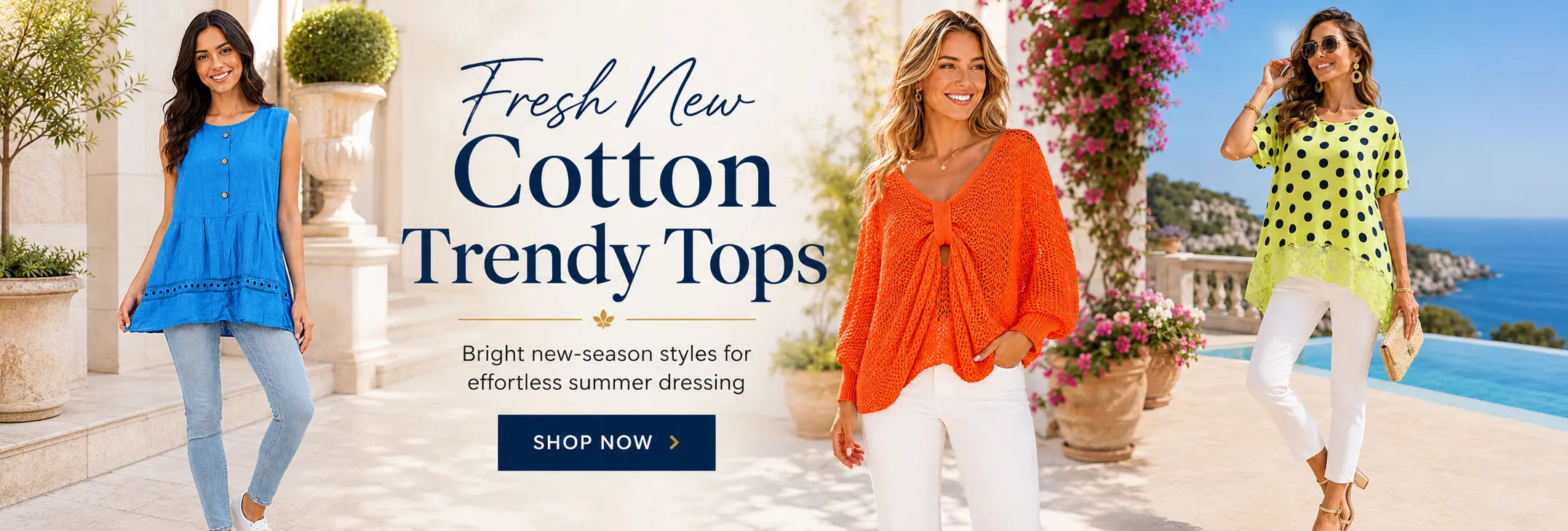 Advertisement for fresh new cotton trendy tops with models in various outfits by a poolside.