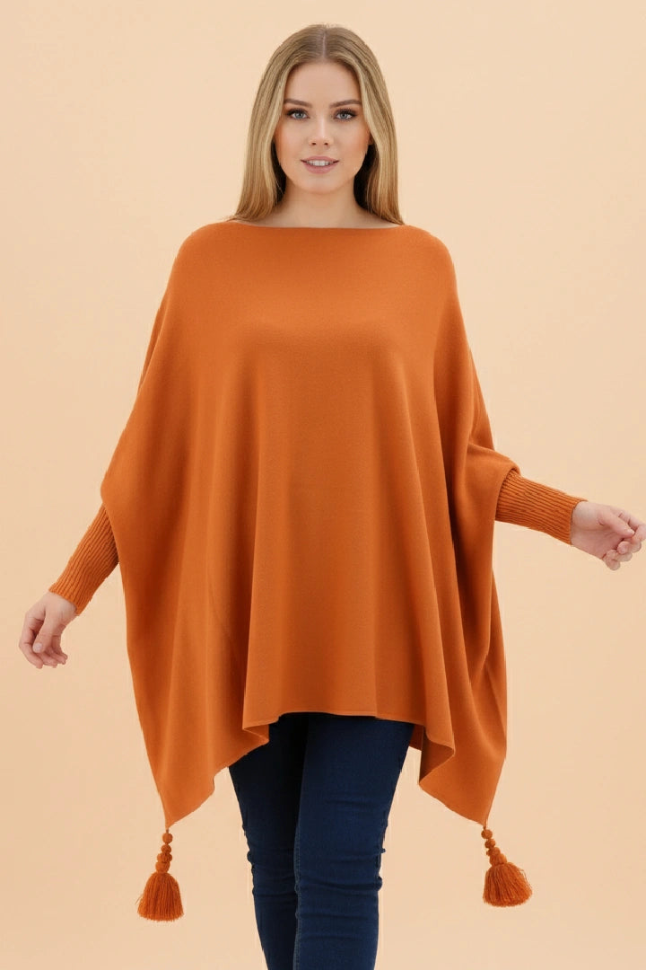 Oversized Round Neck Tassel Poncho