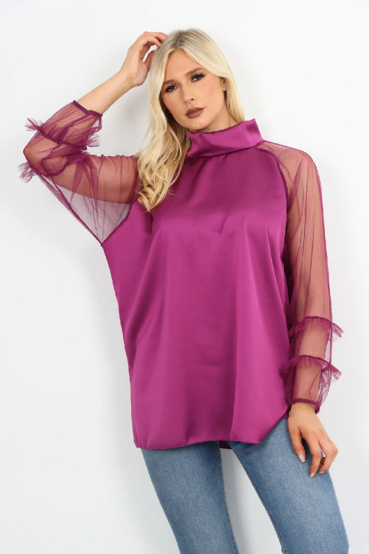 Italian Frill Mesh Net Sleeve High Neck Satin Top