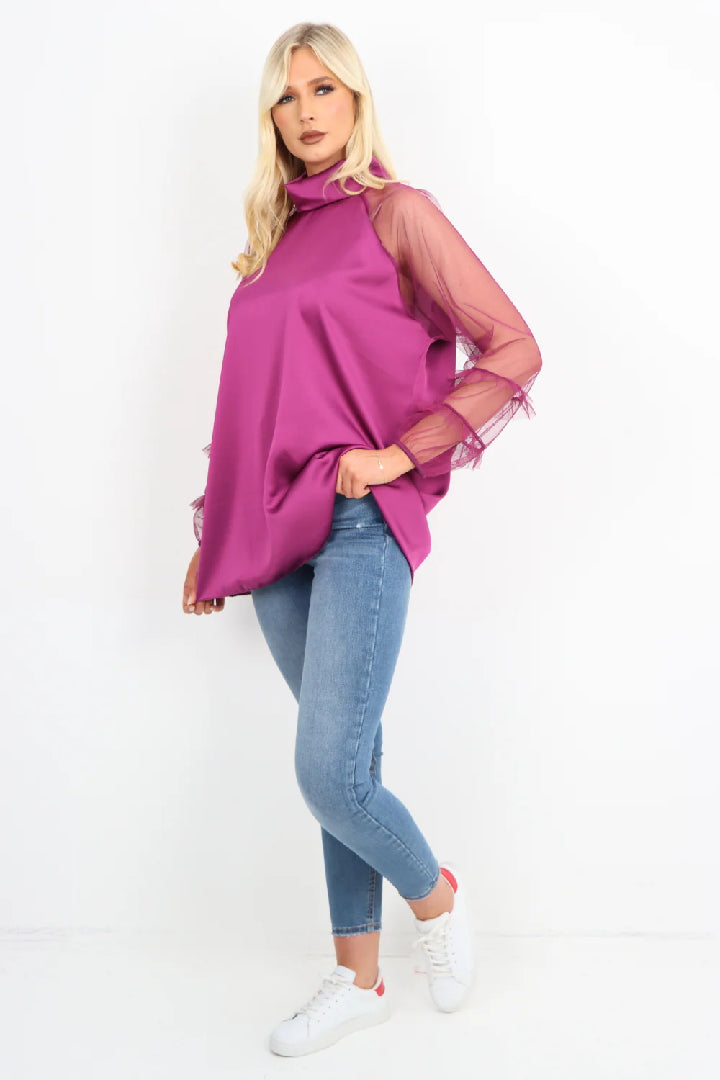 Italian Frill Mesh Net Sleeve High Neck Satin Top