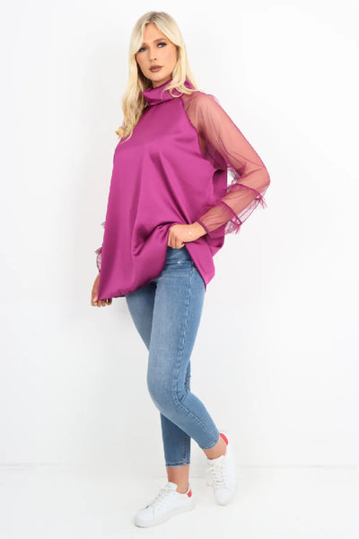 Italian Frill Mesh Net Sleeve High Neck Satin Top