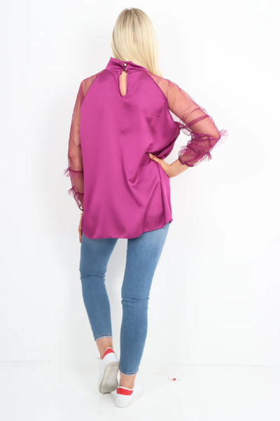 Italian Frill Mesh Net Sleeve High Neck Satin Top