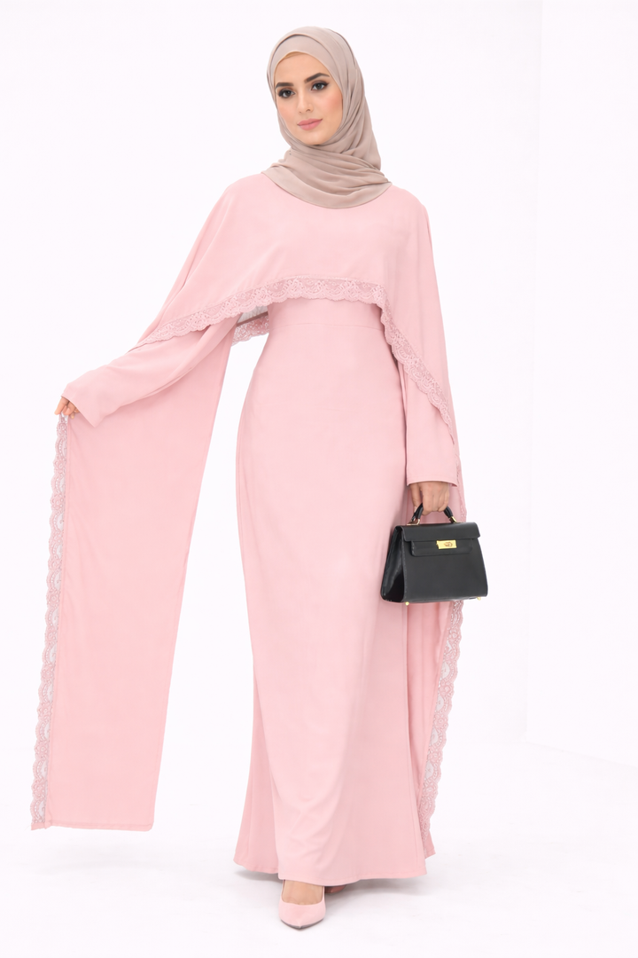Lace Trim Modest Abaya Dress