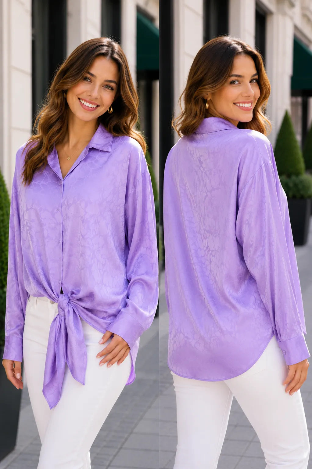Woman wearing a purple shirt with a tie front, standing on a city street.