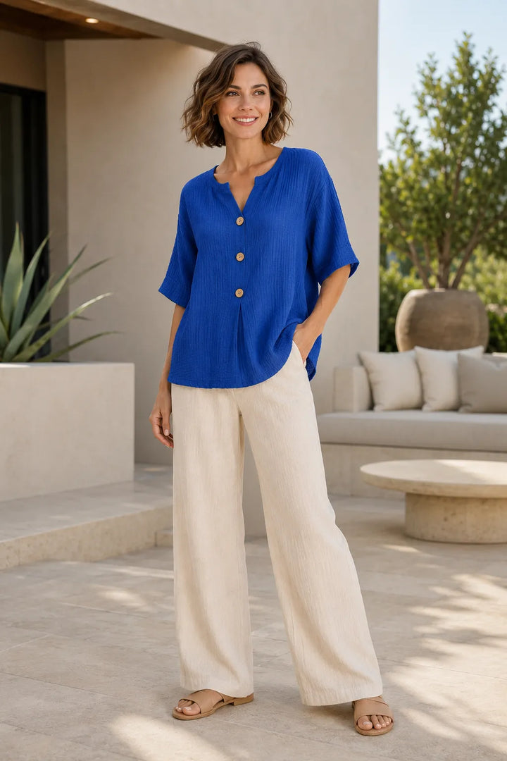 Linen Blend Button Detail Oversized Top