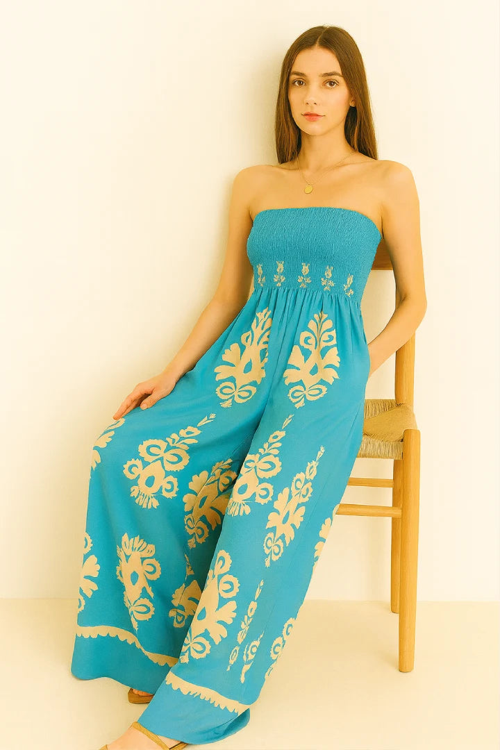 Paisley Printed Shirred Elasticated Jumpsuit