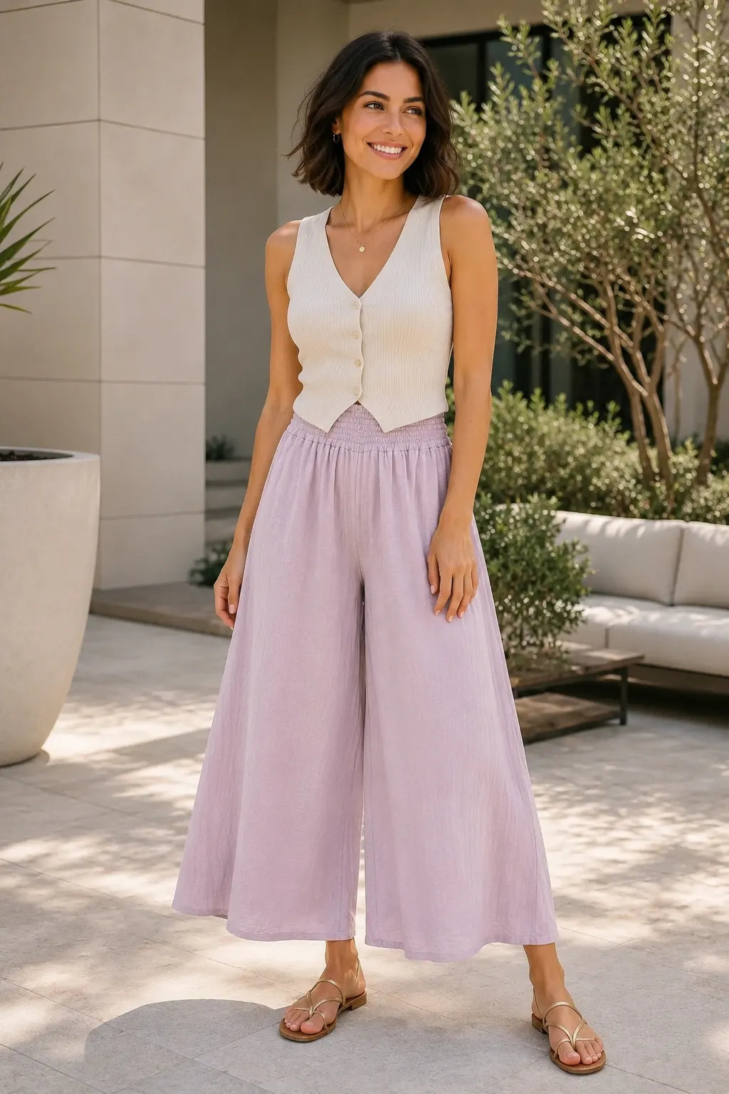 Woman wearing a sleeveless white top and light purple pants standing outdoors.