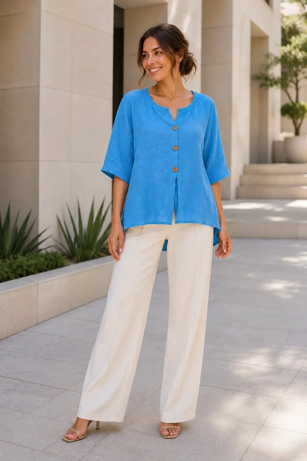 Linen Blend Button Detail Oversized Top