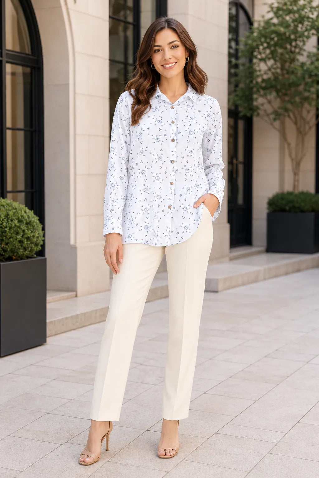 Woman wearing a white blouse with blue patterns and beige pants standing in front of a building.