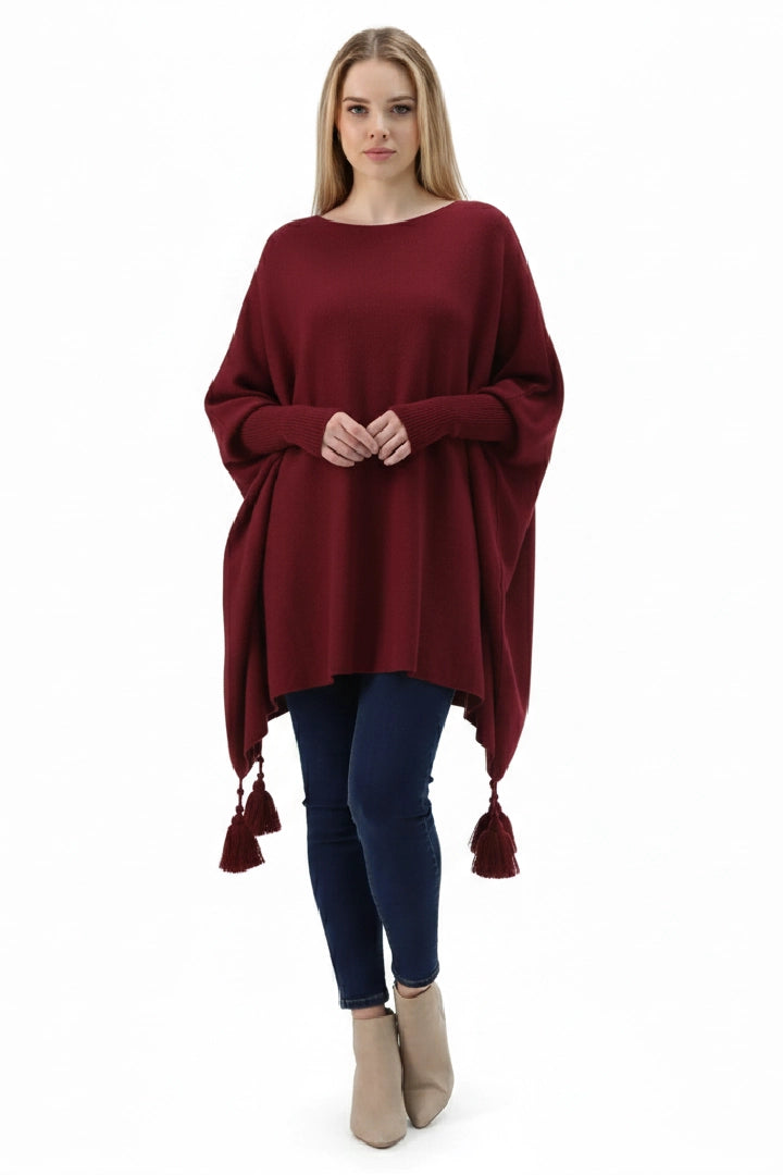 Oversized Round Neck Tassel Poncho