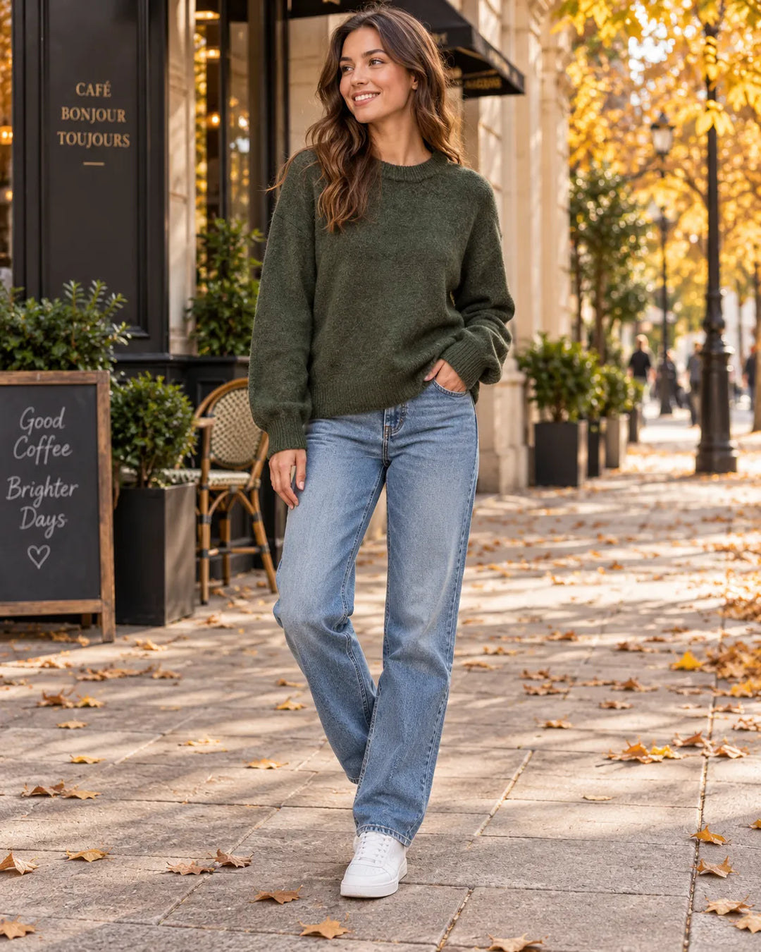 A woman walking on a city sidewalk wearing an olive green knit sweater, light blue jeans, and white sneakers, with autumn leaves on the ground and a cafe storefront in the background.