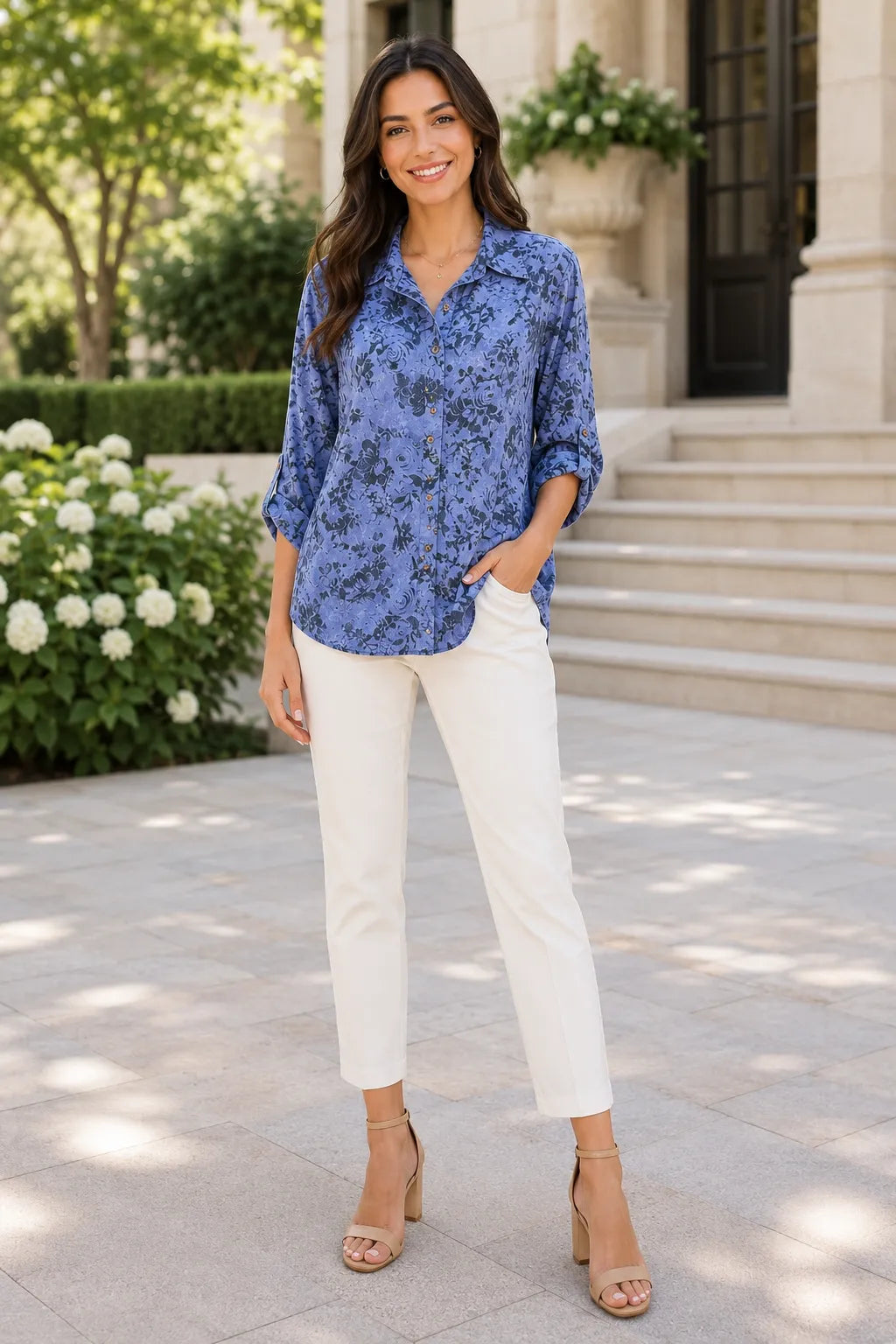 Model wearing a denim blue floral oversized shirt with a classic collar