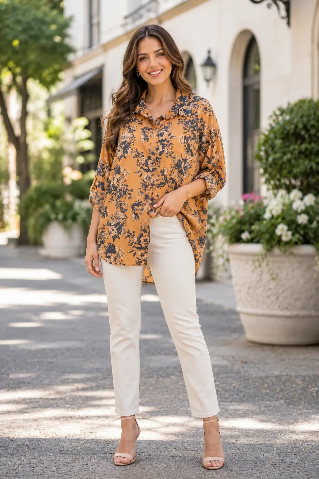 Woman wearing a floral blouse and white pants standing on a street with plants and buildings in the background.