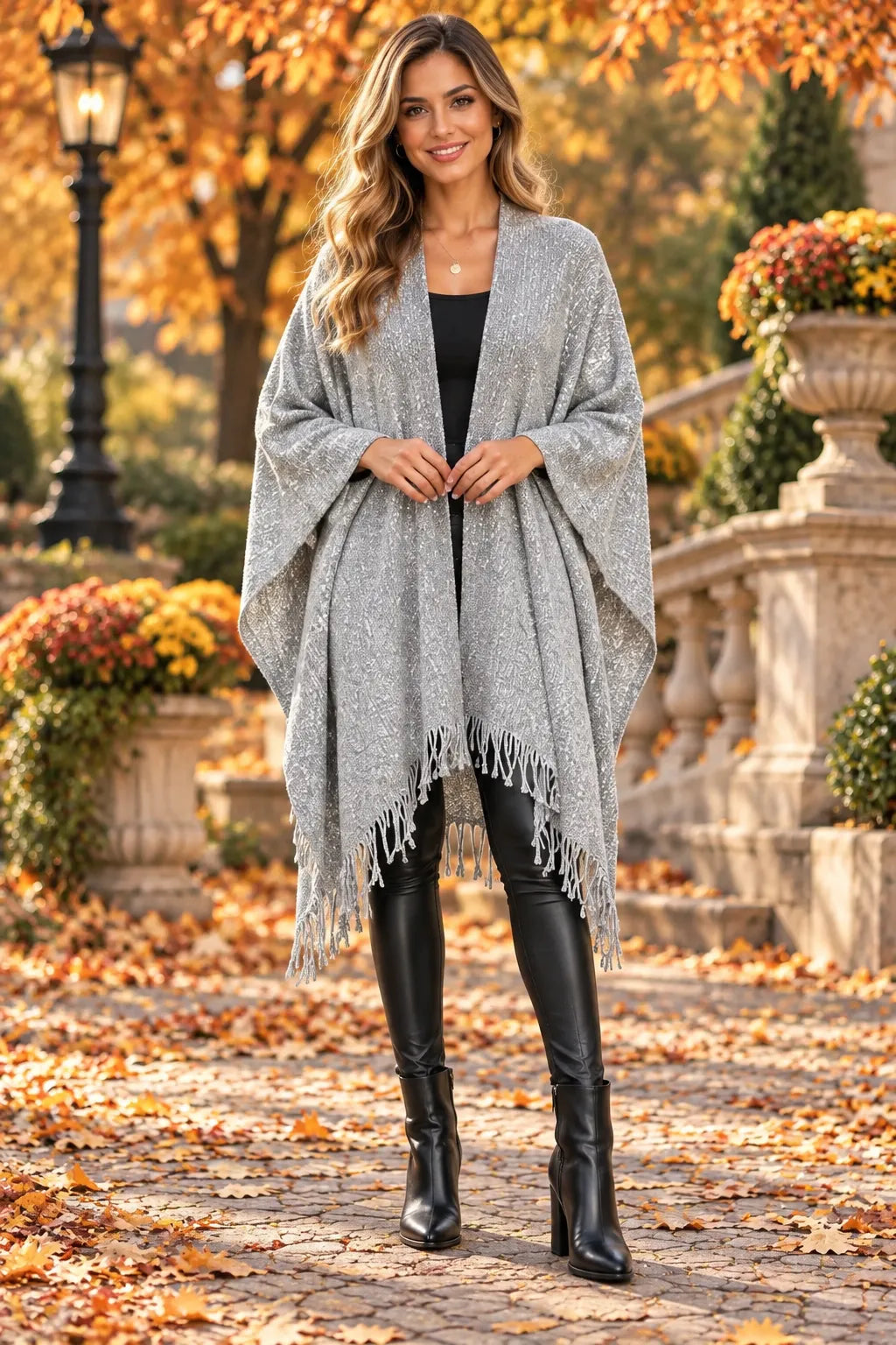A woman stands on an autumn garden path wearing a light gray fringed poncho over a black outfit, with black knee-high boots and a blurred background of fall foliage and stone architecture.