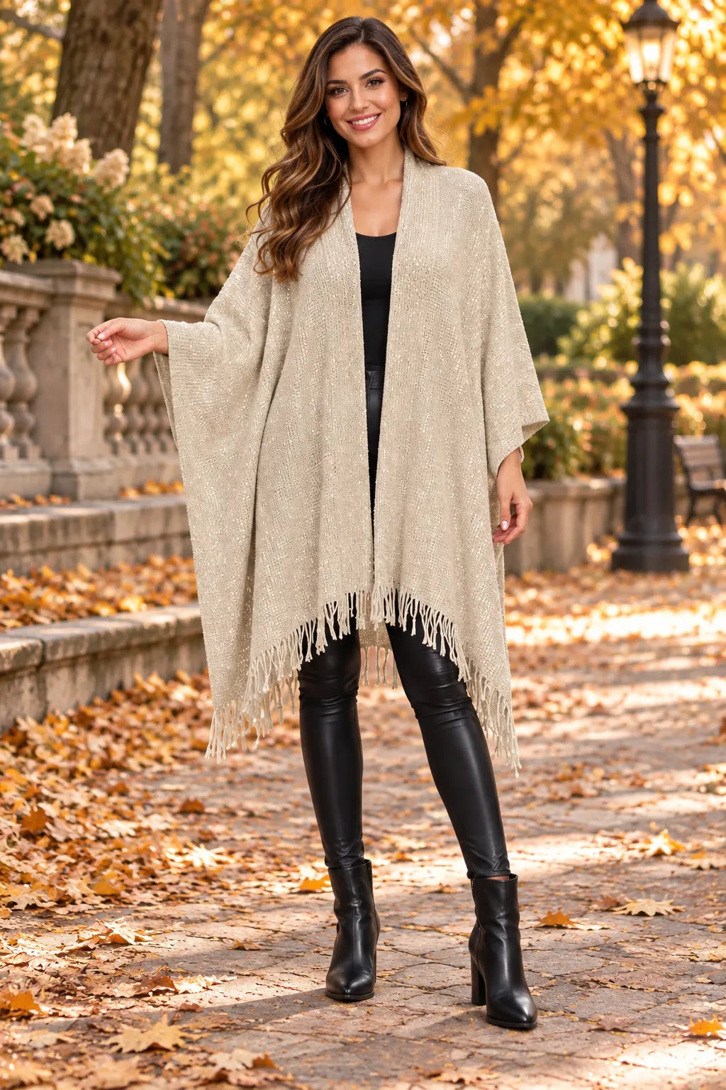Model wearing an ivory champagne sparkle knit poncho with wide draped sleeves, open front and fringed hem.