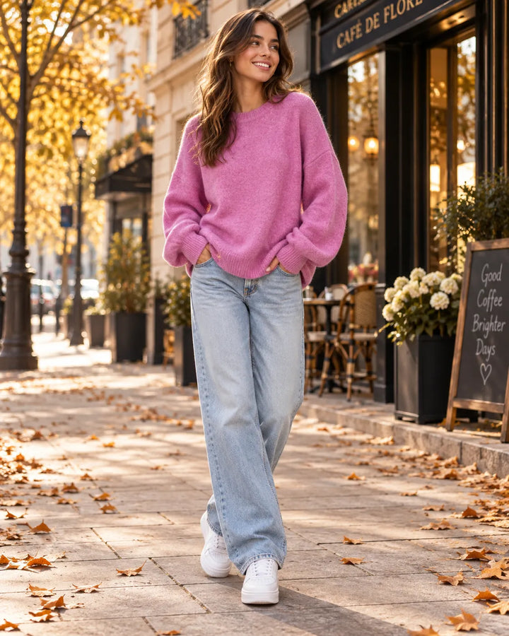 A woman walking on a city sidewalk wearing a fuzzy pink crewneck sweater, light-wash wide-leg jeans, and white sneakers, with autumn trees and a cafe storefront in the background.