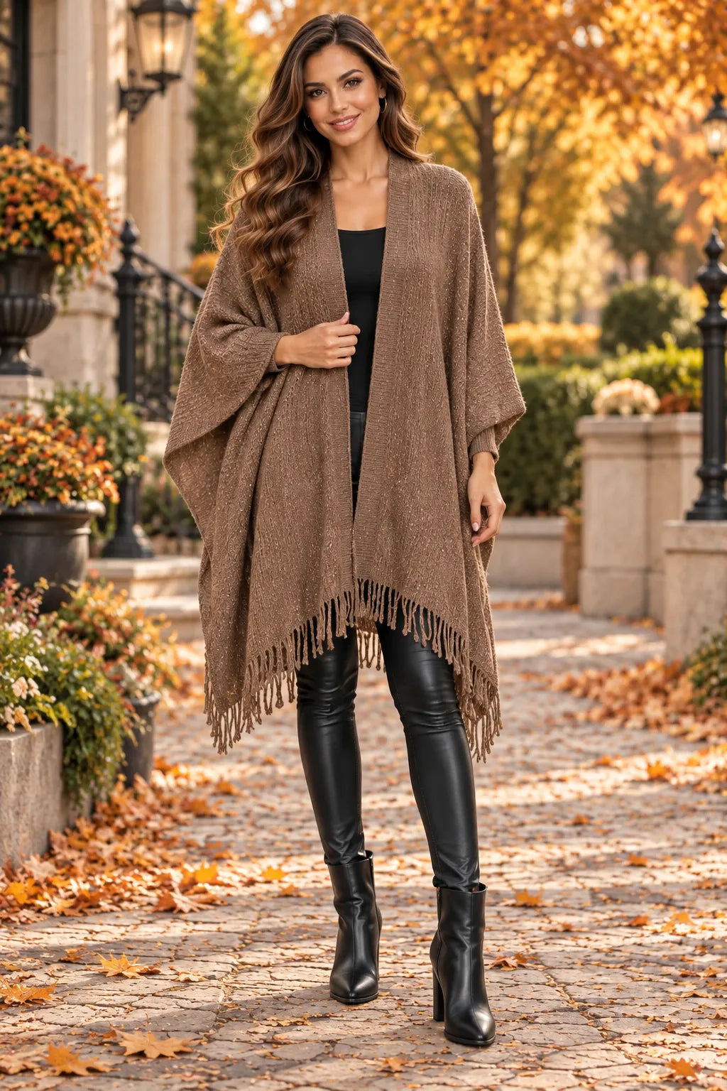 A woman stands on a cobblestone path outdoors wearing a loose, open-front brown poncho with fringe trim over a black outfit and black knee-high boots. Fallen leaves and autumn trees are visible in the background.