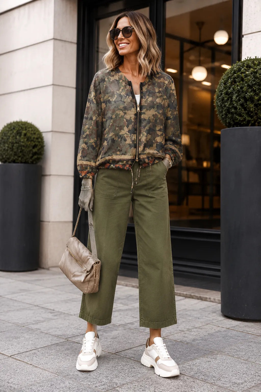 A woman stands outdoors in front of a building entrance wearing a camouflage zip-front jacket, olive green cropped pants, white sneakers, sunglasses, and carrying a beige handbag.